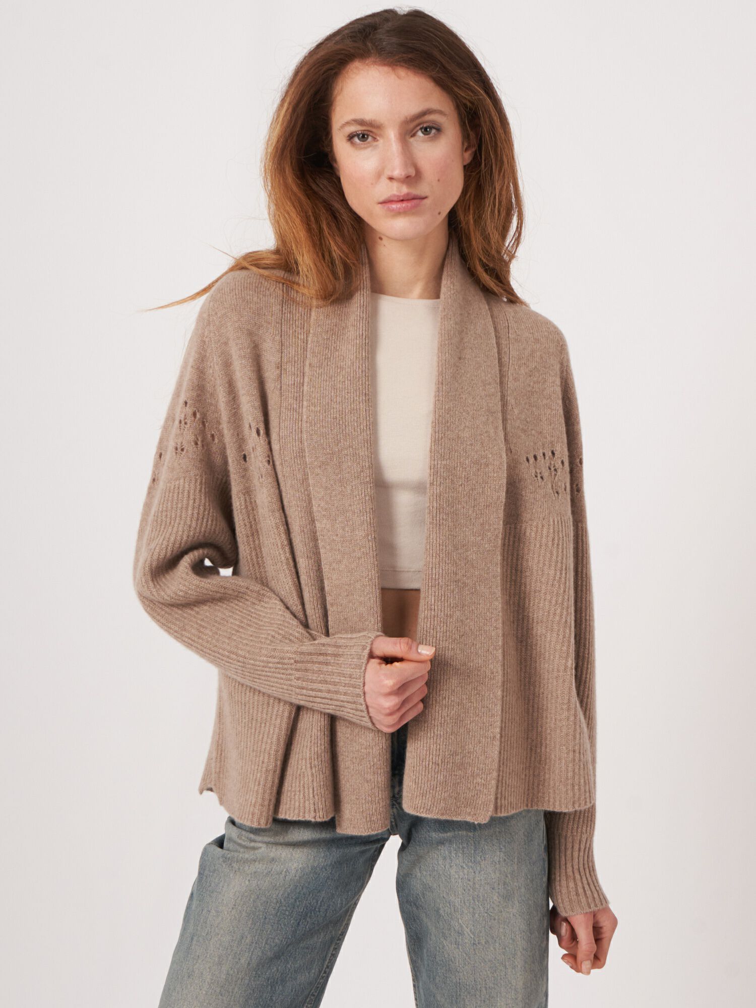 REPEAT cashmere Open cashmere cardigan met pointelle details