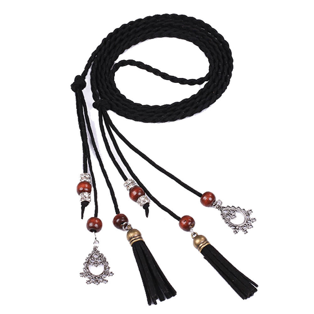 Glasses Damesmode folk-custom kwastje gevlochten hanger tailleriem zwart