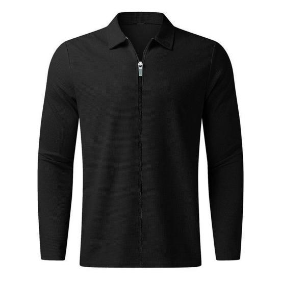 Guannuotong Heren overhemd herfst winter effen kleur lange ademende mouw revers ritssluiting buitensport T-shirt L zwart