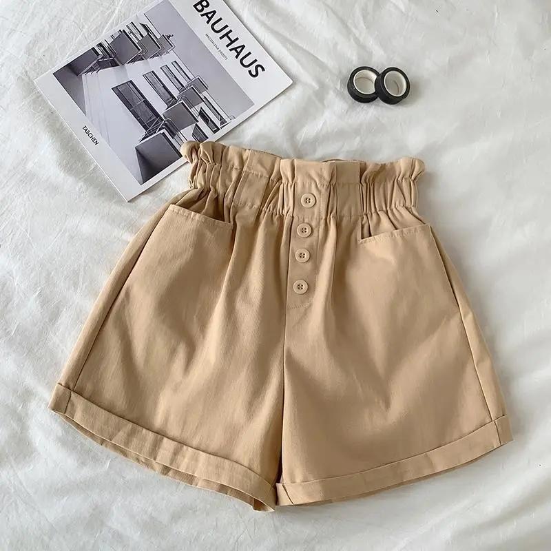 WTEMPO Kinderbroeken Zomer Meisjes Casual Kindershorts Zomer Losse hoge taille shorts Knoopbroek 130 lichtbruin