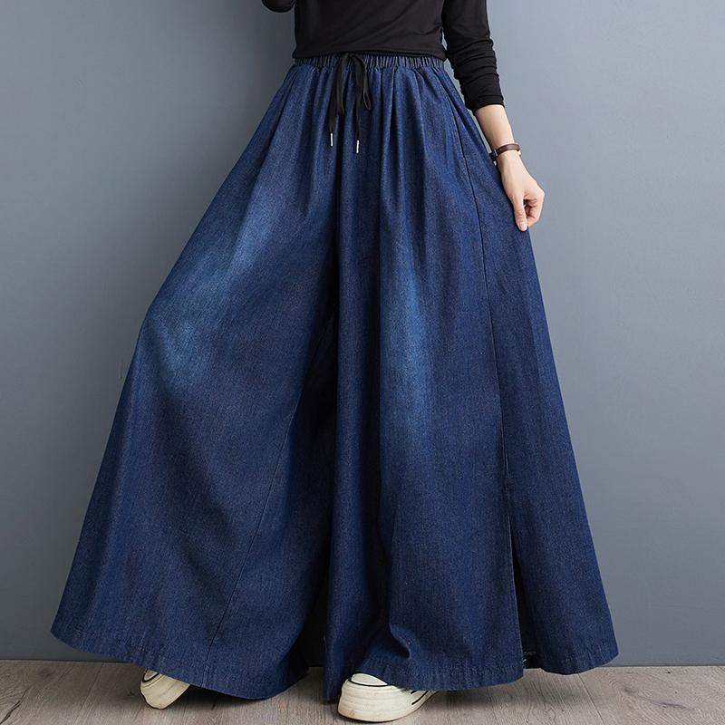 Dimanaf 2024 Zomer Plus Size Dames Jeans Lange Broeken Basic Broeken Losse Wijde Pijpen Broek Casual Effen Blauw Grote Maat 2XL marineblauwe kleur