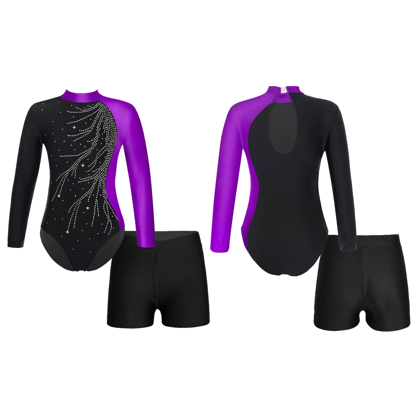 YONGHS Turnpakje voor kinderen, meisjes, mock-hals, lange mouwen en shorts voor dansschaatsen, Biketards, gymnastiekoutfit 11-12 Years