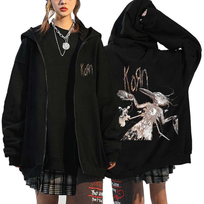 TENJINGE Trendy Korn Rock Band Print Rits Hoodies Metal Muziek heren Zip Up Jassen Hip Hop Streetwear Sweatshirts Unisex Y2K Vest jassen S