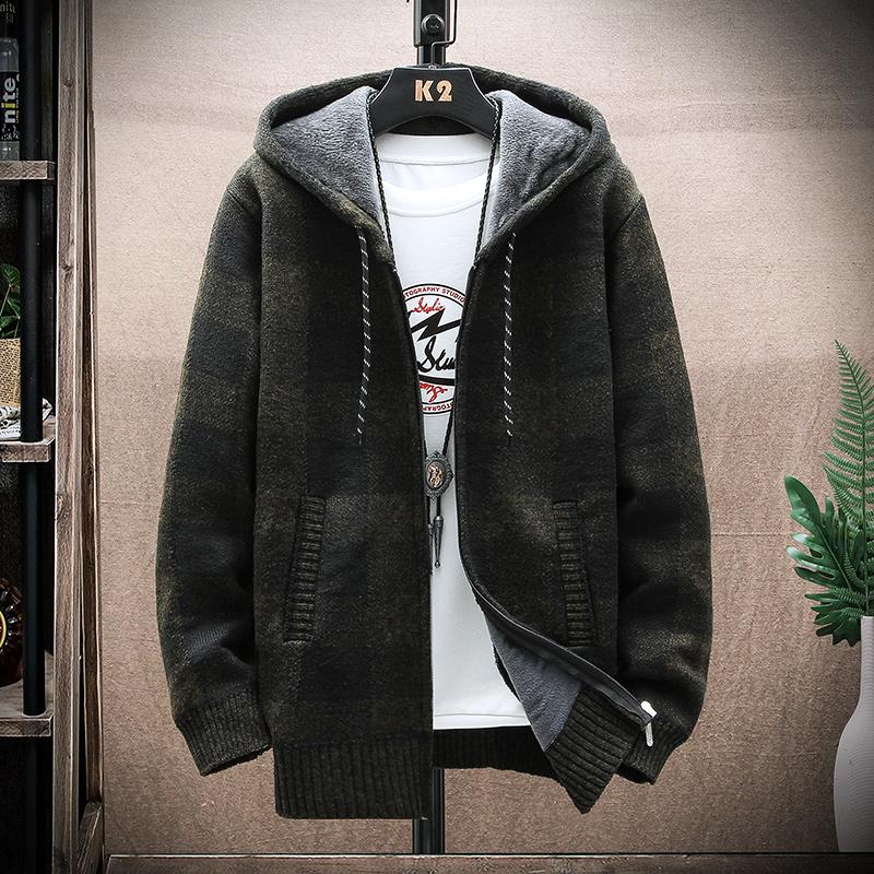 Yoxier Heren Fleece Warm Cardigan Plaid Trui Capuchon Winterkleding Harajuku Jas Volledige Rits Cardigans Jas Mode Gebreide Trui 3XL  80-90kg
