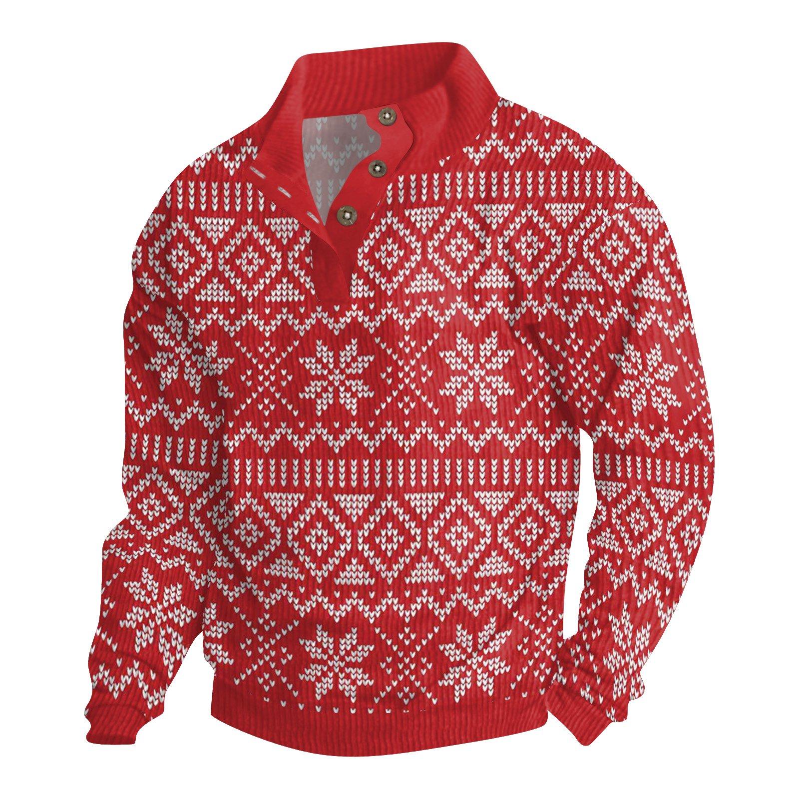 ElongPaoXiao Heren Kerst Katoenen Pullover Lange Mouw Outdoor Shirt Vintage Corduroy Knoop Stand Kraag Shirt Casual Sweatshirt Kerst Print Top XL
