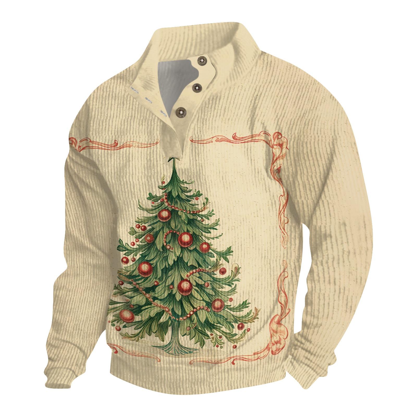 Challenge Heren Kerst Katoenen Pullover Lange Mouw Outdoor Shirt Vintage Corduroy Knoop Stand Kraag Shirt Casual Sweatshirt Kerst Print Top L wit