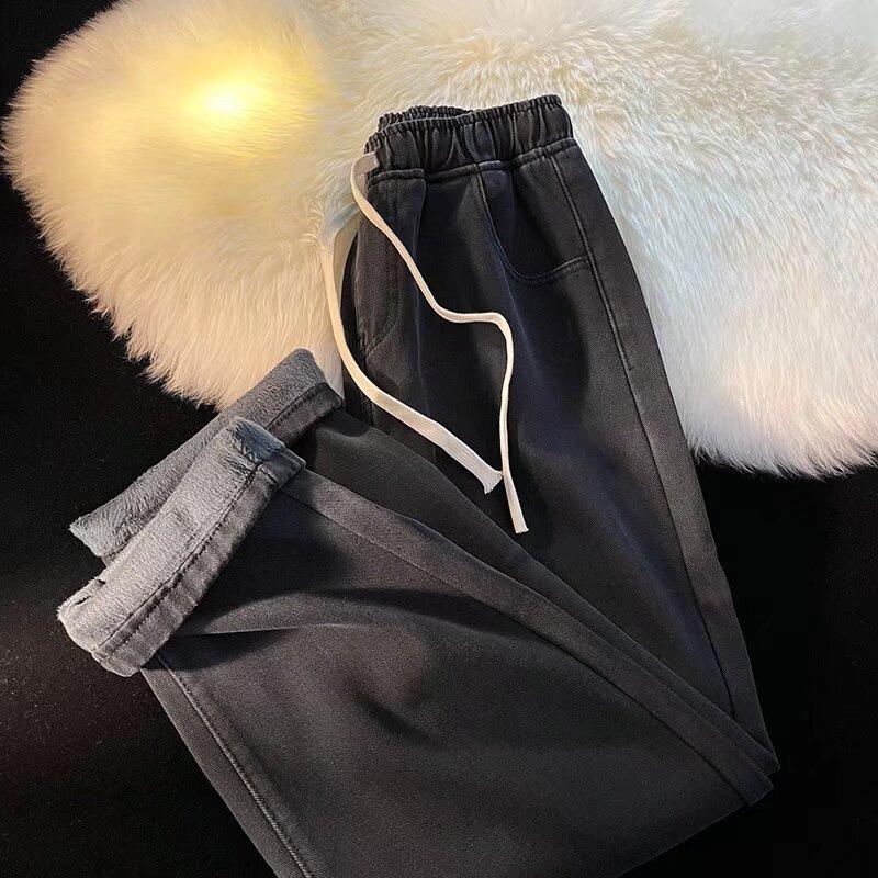 Roser Vrouwen Dikke Warme Fluwelen Gevoerde Wijde Pijpen Jean Mode Hoge Taille Wassen Nieuwe Vaqueros Herfst Winter Klassieke Sneeuwkleding Vrouwen Denim Broeken XS