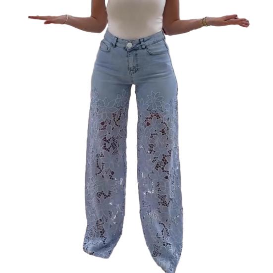 Tarot Dames Jeans met Kant Patchwork Casual Baggy Rechte Wijde Pijp Denim Broek Mid Waist Bloemig Holle Jeans XXL