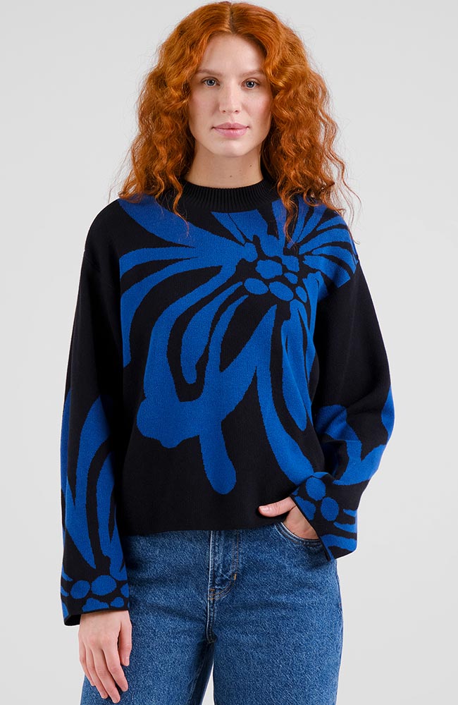 Dedicated Damen vegan Pullover Limhamn Big Flower Schwarz/Blau