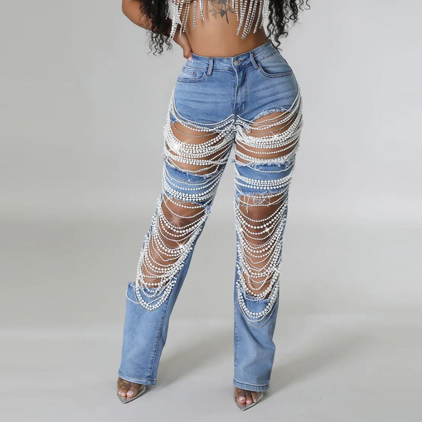 Baby cheetah Gebroken gat zware industrie spijkerkraal elastische jeans broek voor vrouwen M blauw