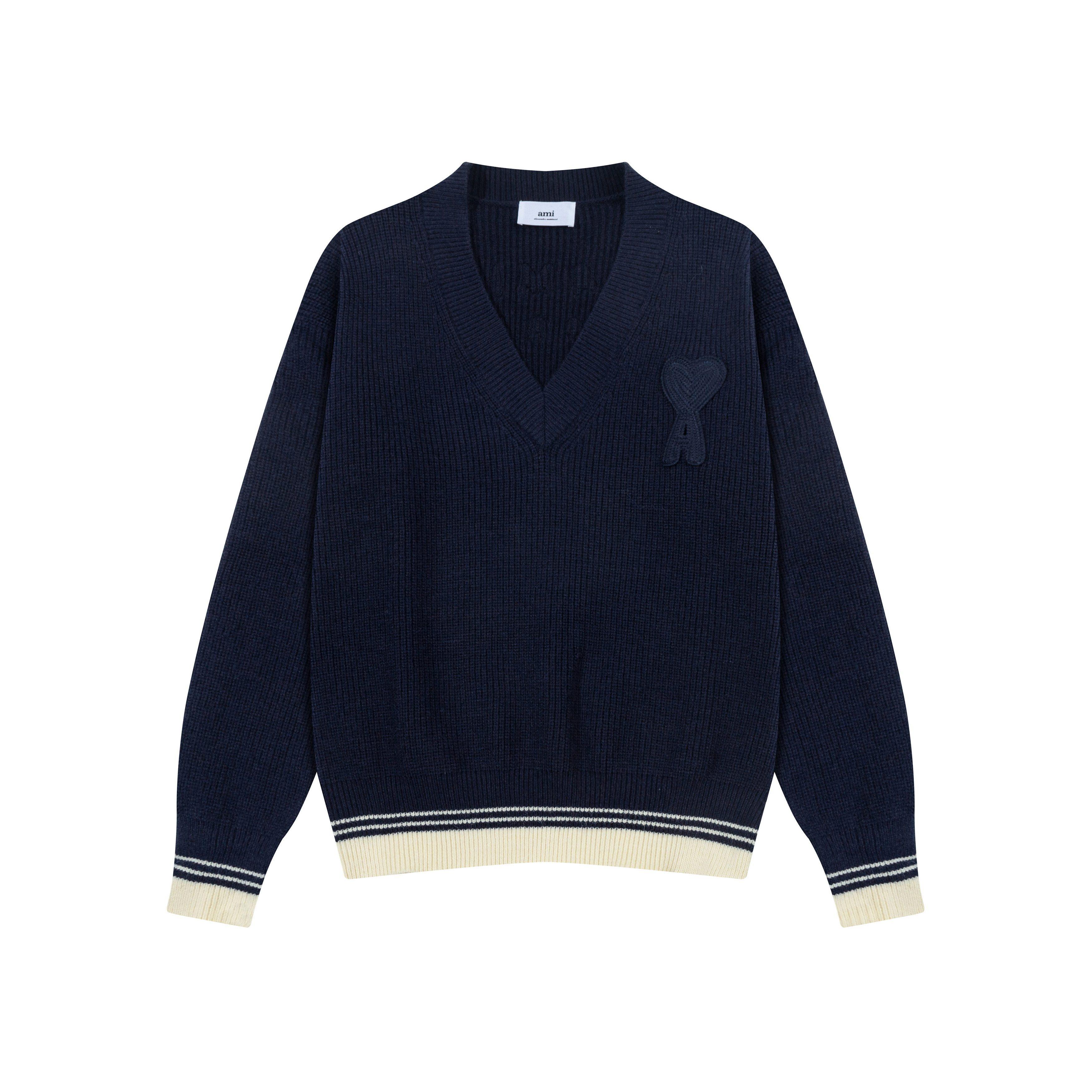 AMI New Autumn and Winter Knitted Striped V-neck Pullover, Long Sleeved with Heart-shaped Text Logo, Knitted Sheep Sweater Jacket S