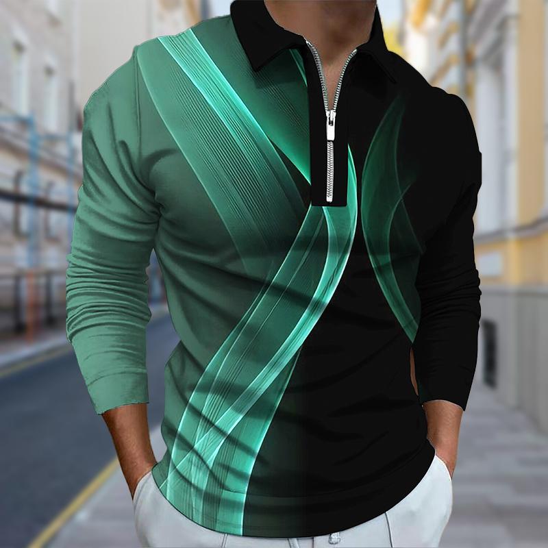 3D Custom Clothing Poloshirts Heren Lange Mouw Gedraaide Lijnen Print Nieuw Heren Poloshirt Lange Mouw Rits T-shirt Top XS