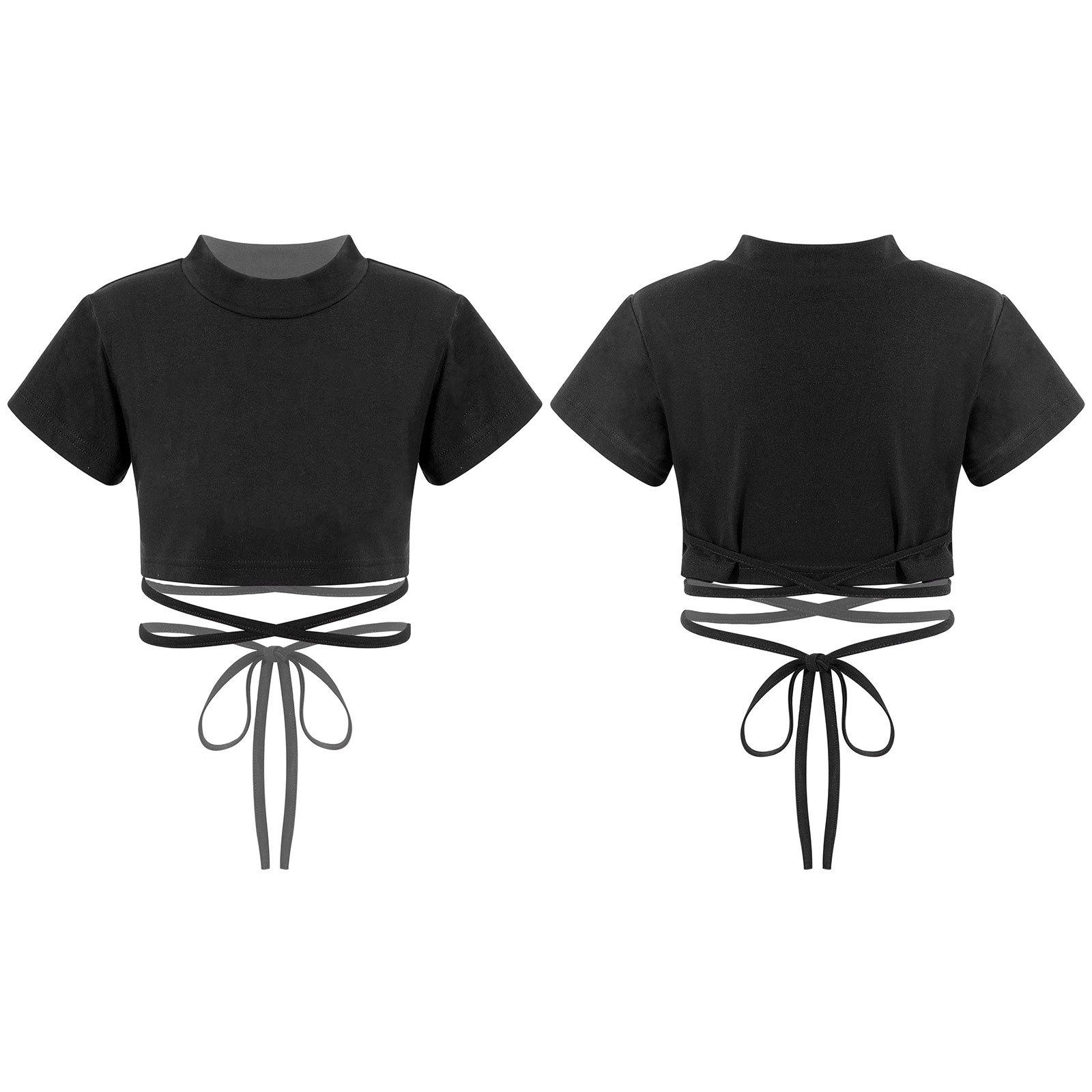Aislor Kinderen meisjes korte mouw Mock Neck atletische sport crop top strappy taille jazzdans top T-shirts 13-14 Years