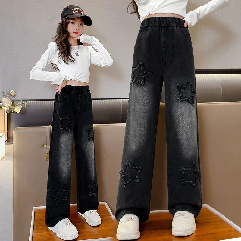 LAOHU Tienermeisjes wijde cargo jeans lente herfst mode kinderen casual denim broeken schoolkinderen rechte baggy broeken 140cm