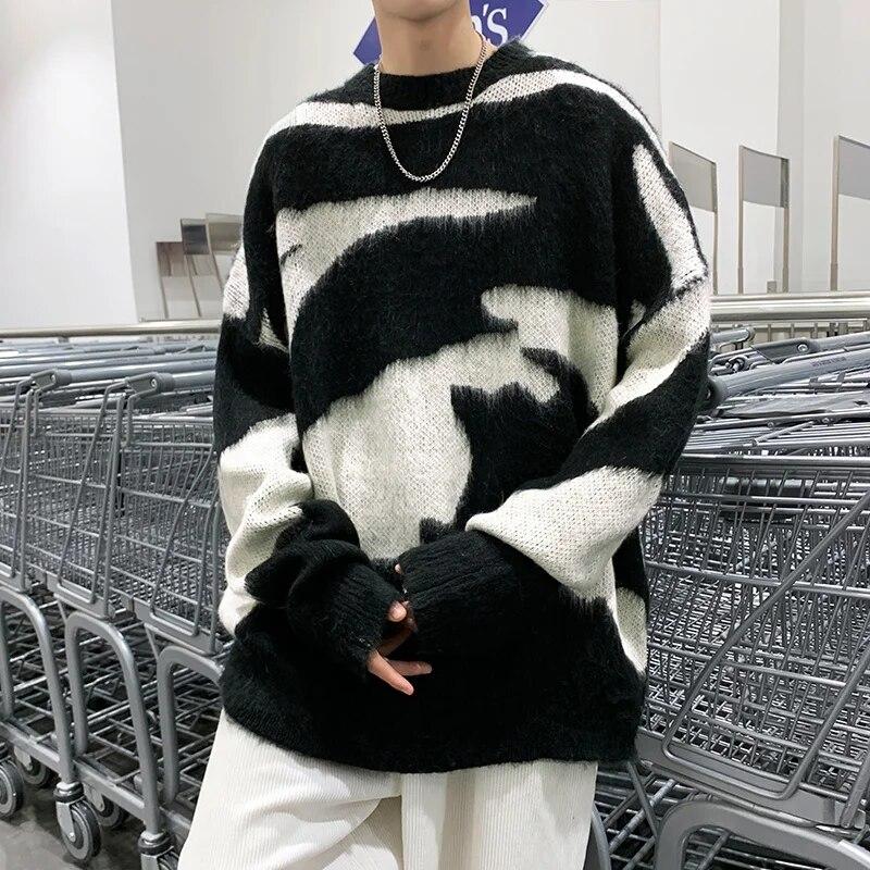 NICE2CU Herfst Winter Heren Vintage Trui Zwart Wit Streetwear Casual Pullover Harajuku High Street Top L zwart