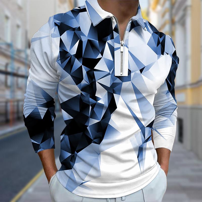 3D Custom Clothing Polo Shirts Men Long Sleeve Broken Blocks Print New Men's Polo Shirt Long Sleeve Zipper T-shirt Top 7XL