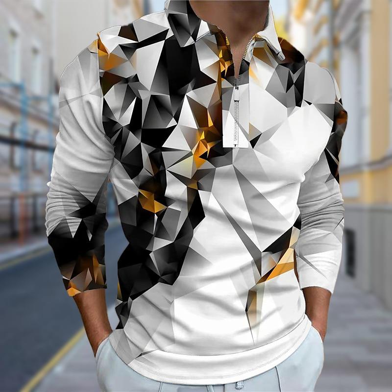 3D Custom Clothing Polo Shirts Men Long Sleeve Broken Blocks Print New Men's Polo Shirt Long Sleeve Zipper T-shirt Top XL
