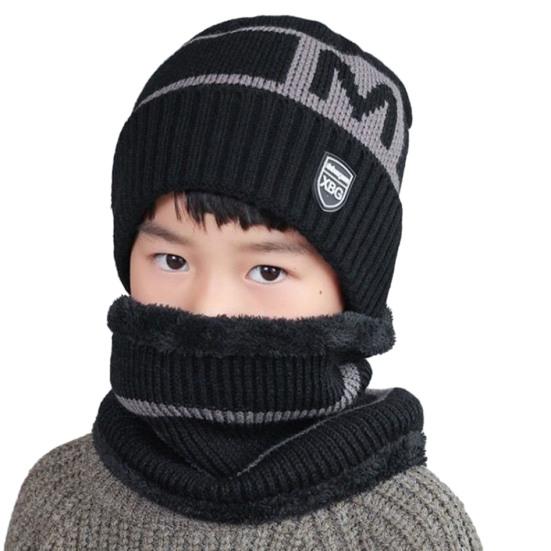 Winter Kindermuts Sjaal Set Letter Gedrukt Verdikt Elastisch Warm Antislip Zachte Koepel Winddicht Oor Nekbescherming Cap Nekwarp Set M zwart