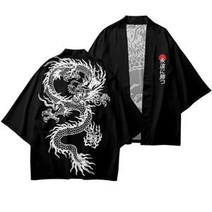Cloth W Traditionele Samurai Kimono Mannen Japanse Anime Drakenprint Cosplay Haori Vrouwelijke Cardigan Yukata Shirt Zomerjas 4XL zwart