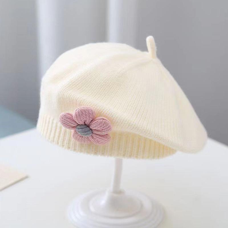 Pomelos Bloem Baby Baret Hoed Effen Kleur Winter Warm Gebreide Muts Voor Baby Meisjes Koreaanse Peuter Prinses Kunstenaar Schilder Mutsen wit