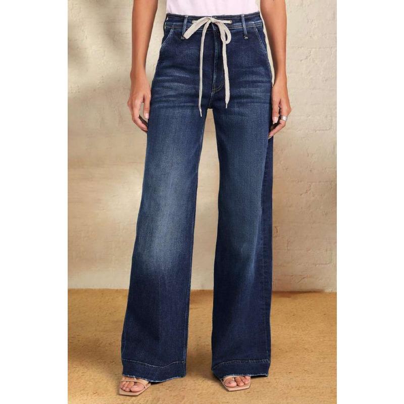 Qiu Yi Nieuwe lente veter-stretch jeans voor dames met rechte pasvorm, wijde pijpen en modellen met temperament XXL