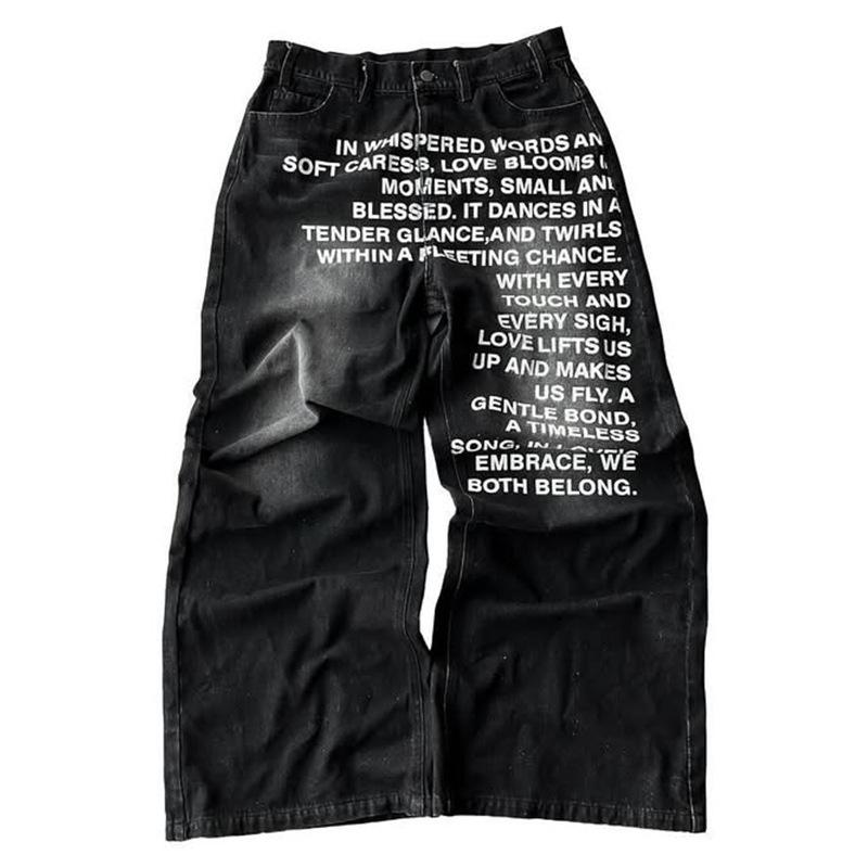 Fantastic wardrobe Unisex Vintage Letter Print Women Man Jeans Y2k Harajuku Washed Wide Leg American Style Denim Pants Baggy Hip Hop Streetwear S zwart