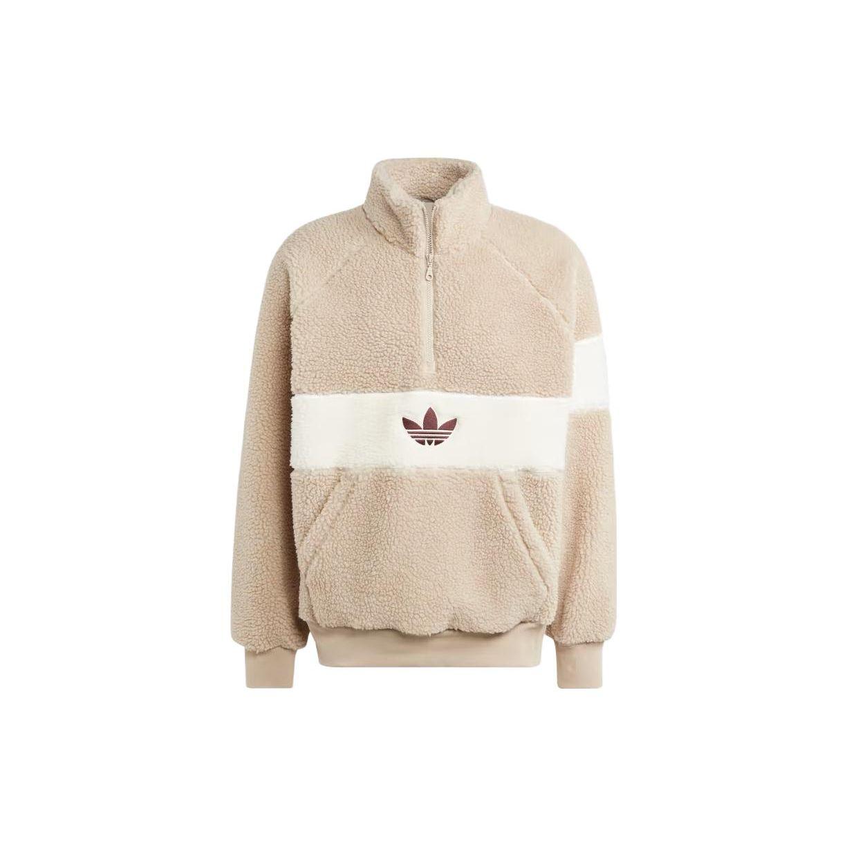 Adidas Originals Winter Fleece Jacket Color Block Logo Stand Collar Long Sleeve Jacket Men Jacket Beige HZ0719