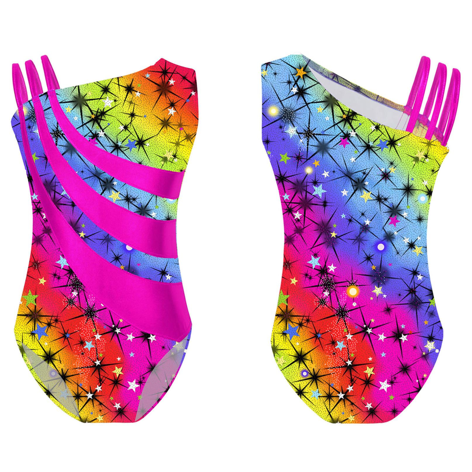 Inlzdz 3-14 jaar meisjes metallic glanzend schattig gedrukt turnpakje asymmetrische schouderband gymnastiektraining bodysuit 5-6 Years