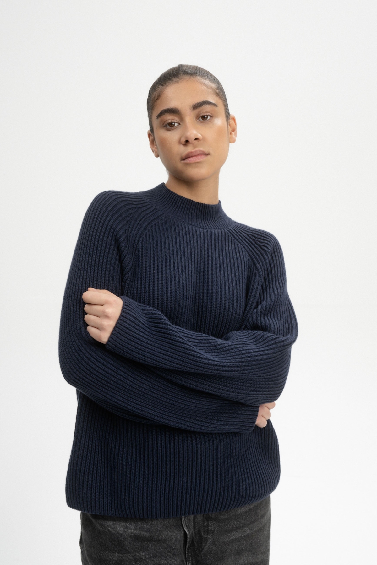 MELA Damen vegan Strickpullover Rippe Stand Up Kragen Analah Navy