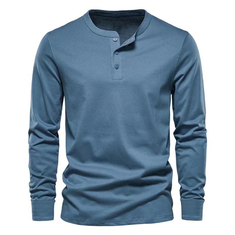 Cloth W Waffle Henley T-shirt Heren Lange Mouw Basic Ademend Heren Tops T-shirts Nieuwe Herfst Casual Effen Kleur Knoop T-shirts 3XL denimblauwe kleur
