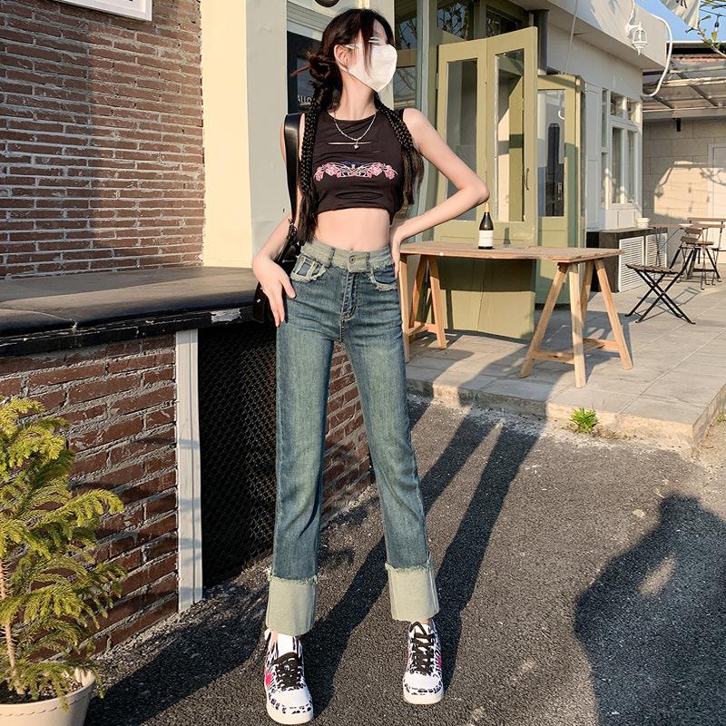 CANVAUS Damesjeans voor lente en zomer, eenvoudige, veelzijdige splicing-collision-kleur, rechte broek met hoge taille 2XL