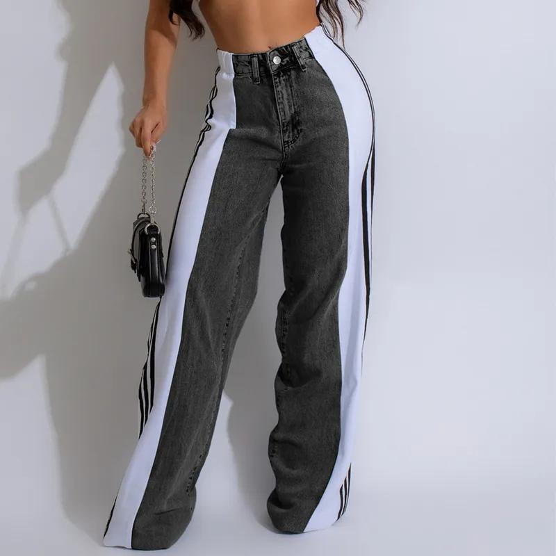 Roser Mode streep splicing jeans denim wijde pijp broek vrouwen hoge taille knoop rechte broek casual vrouwelijke bodems XXL
