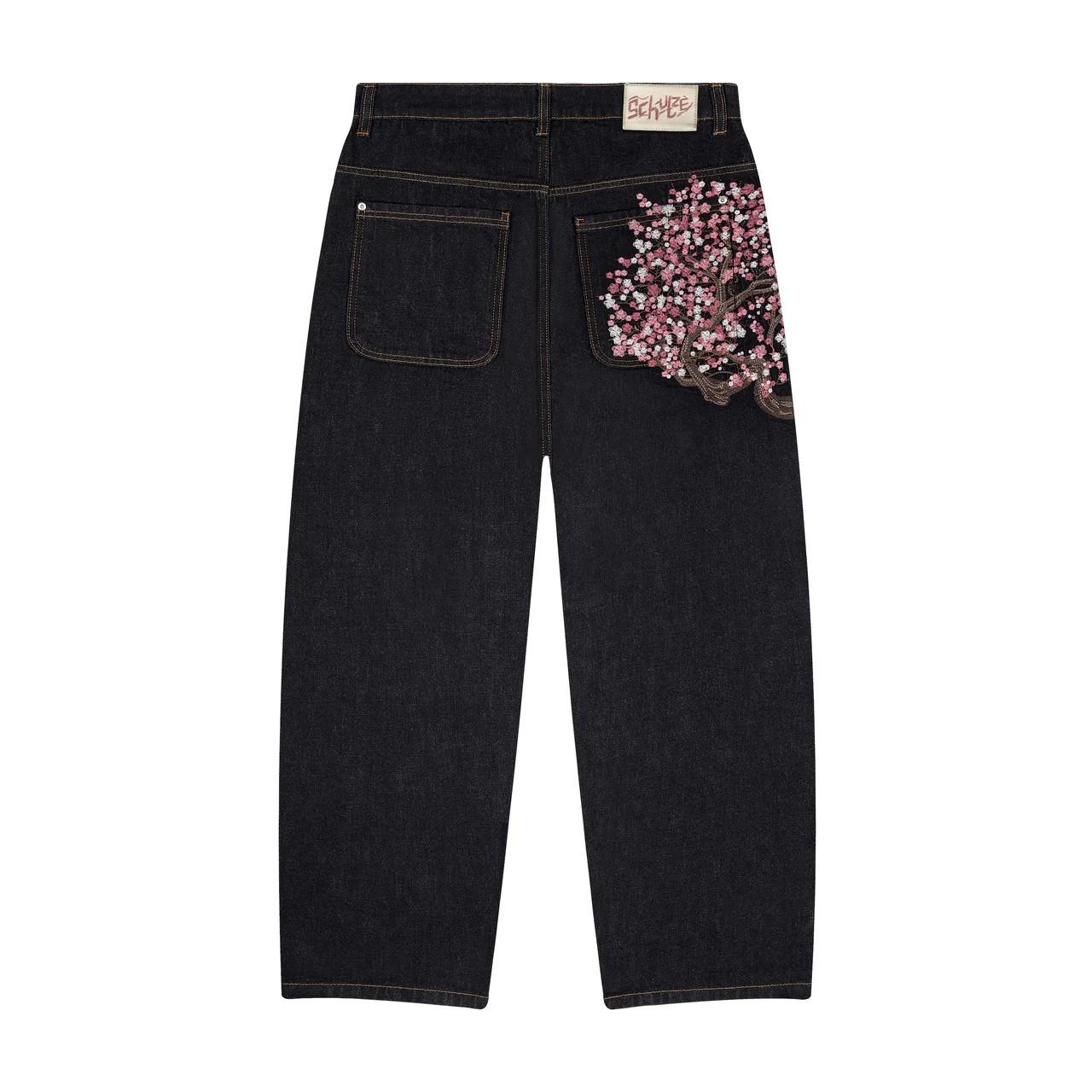 SHIZI Men Women Cherry Blossom Knight All Embroidery Denim Pants Y2k Vintage Baggy Street Straight Jeans High Waisted Washed Blue Jean XS