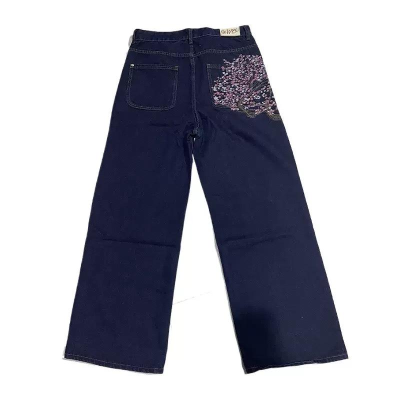 SHIZI Men Women Cherry Blossom Knight All Embroidery Denim Pants Y2k Vintage Baggy Street Straight Jeans High Waisted Washed Blue Jean XXL