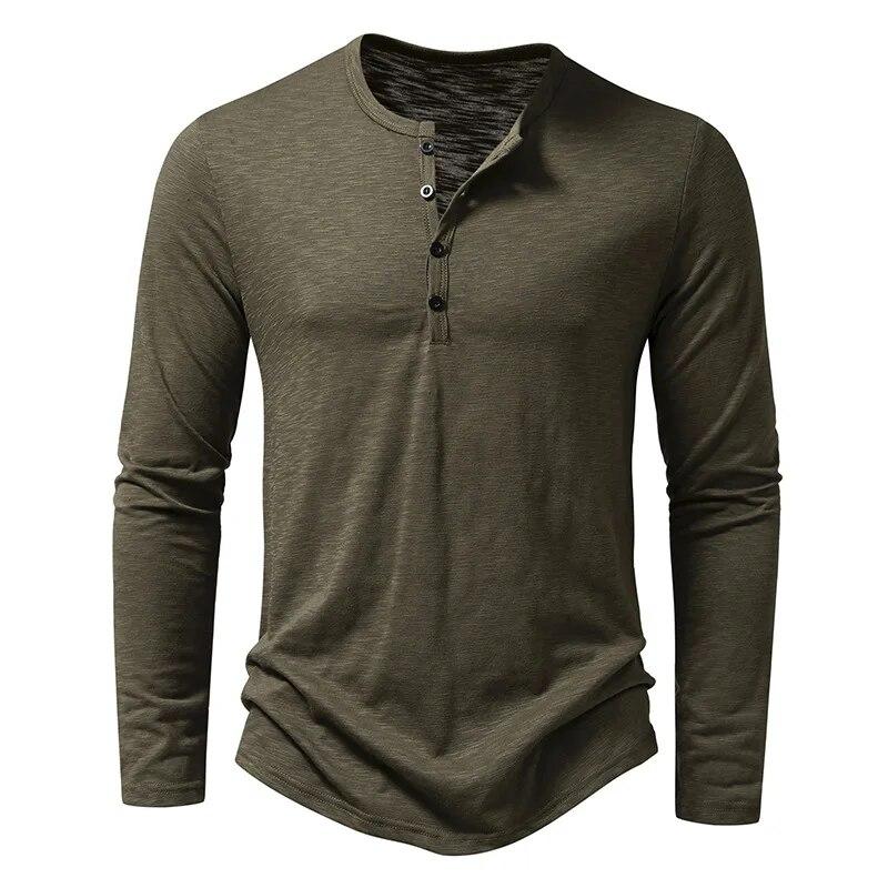 Leefona Heren katoenen overhemd met Henley-hals en lange mouwen, casual knoop, effen kleur, mode-T-shirts M