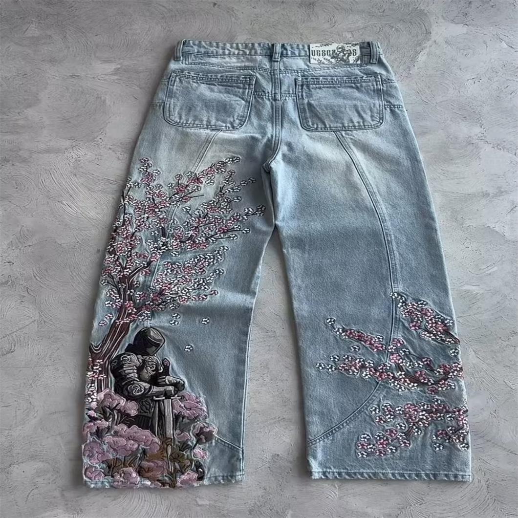 SHIZI Men Women Cherry Blossom Knight All Embroidery Denim Pants Y2k Vintage Baggy Street Straight Jeans High Waisted Washed Blue Jean XL
