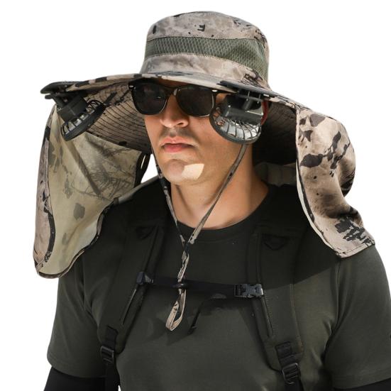 MUQZI Zonne-ventilatorhoed met nekflap UPF 50+ UV-bescherming Hoed met 2 koelventilatoren USB-oplaadbaar Ademend Heren Dames Zomer Buiten Brede rand Zonnehoed F