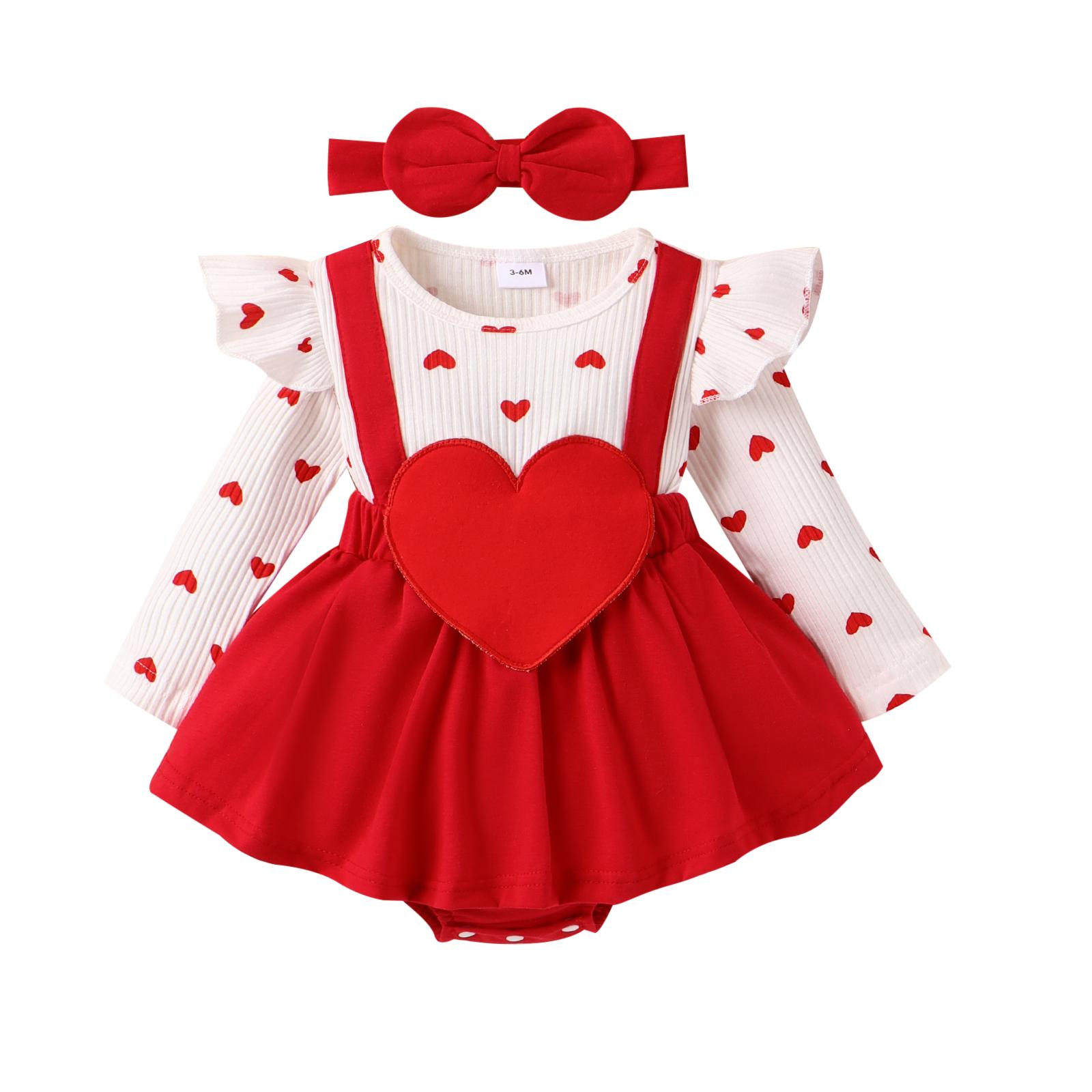 Happytimes Herfst Baby Meisjes Valentijnsdag Romper Jurk 3M 6M 9M 12M 18M Lange mouw Ruche Hart Brief Print Jumpsuits met Hoofdband 90cm