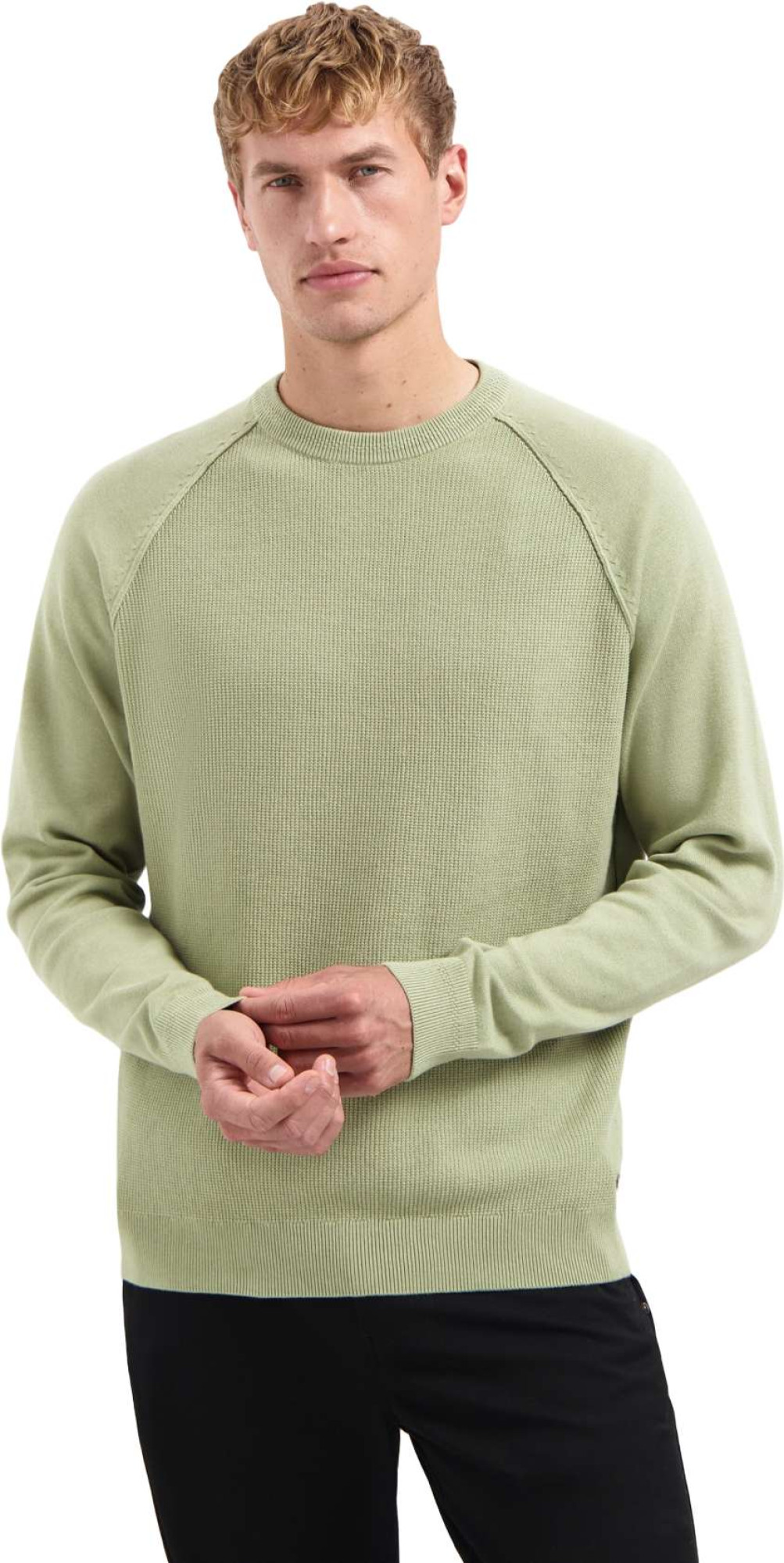 No Excess Pullover crewneck solid waffle knit light moss