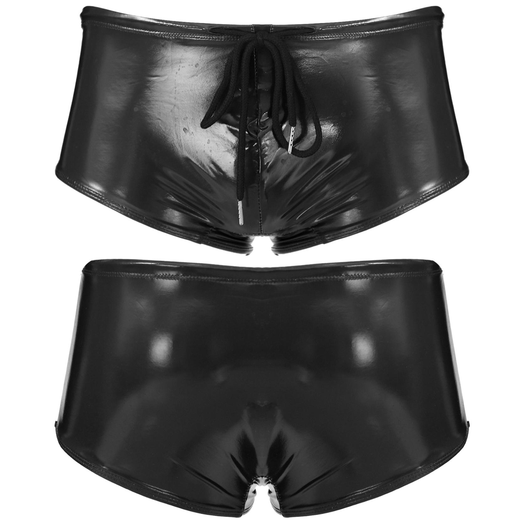 IEFiEL Heren Wet Look Patent Leather Zwembroeken Lage Taille Trekkoord Boxershorts Zwemkleding L