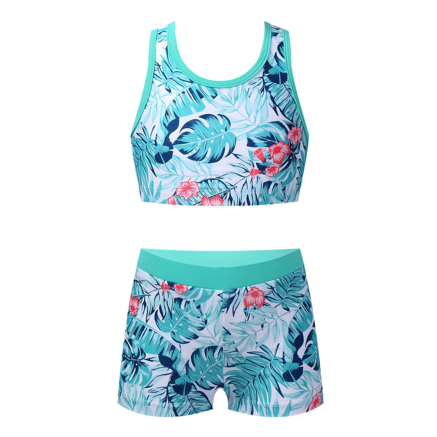 IEFiEL Kindermeisjeszwemkleding Racerback crop-tanktop met boyshorts Bodems Tweedelige bikiniset 8-10Years