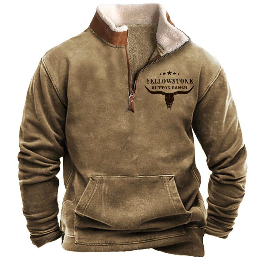 Cloth W Heren Western Fleecejack Cowboy Bull Head Print Pullover 1/4 Zip Stand Collar Lange Mouw Country Sweatshirts Pullover Jassen 3XL