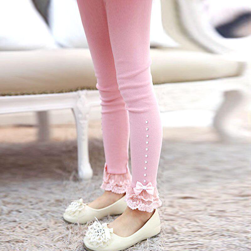 Comeandbuy Kinderen Meisjes Prinses Legging Lente Herfst Trim Kant Geplooide Strass Leggings Katoenen Leggings Broek voor meisjes 130