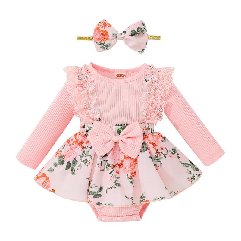 Happytimes Romper-outfits voor pasgeboren meisje in jurkstijl, bodysuit met kanten patchwork en bloemenpatroon met lange mouwen + hoofdband met strikknoop 70cm roze