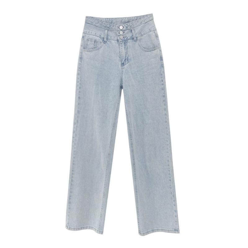 Qiu Yi Retro-rij jeans met hoge taille voor dames Drape losse rechte broek met wijde pijpen Veelzijdige en dunne sleepbroek XL lichtblauwe kleur