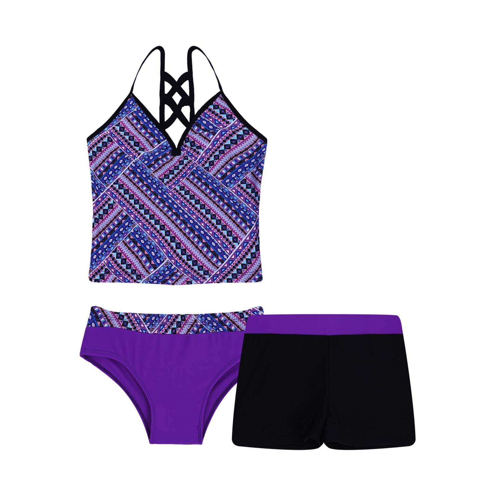 IEFiEL Kids Meisjes Tankini Badpak 3 Stuks Badpakken Bikini Slips Boyshort Tops Bloemen Gedrukt Zwemmen Strandkleding Pakken 13-14 Years paars/zwart