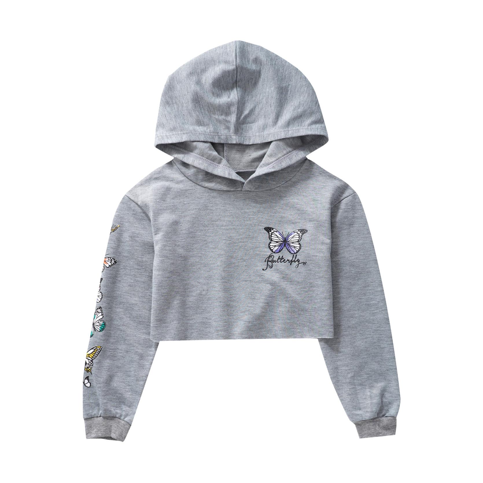 IEFiEL Meisjes vlinderprint crop tops met capuchon jassen kindersweatshirts herfstkleding 11-12 Years
