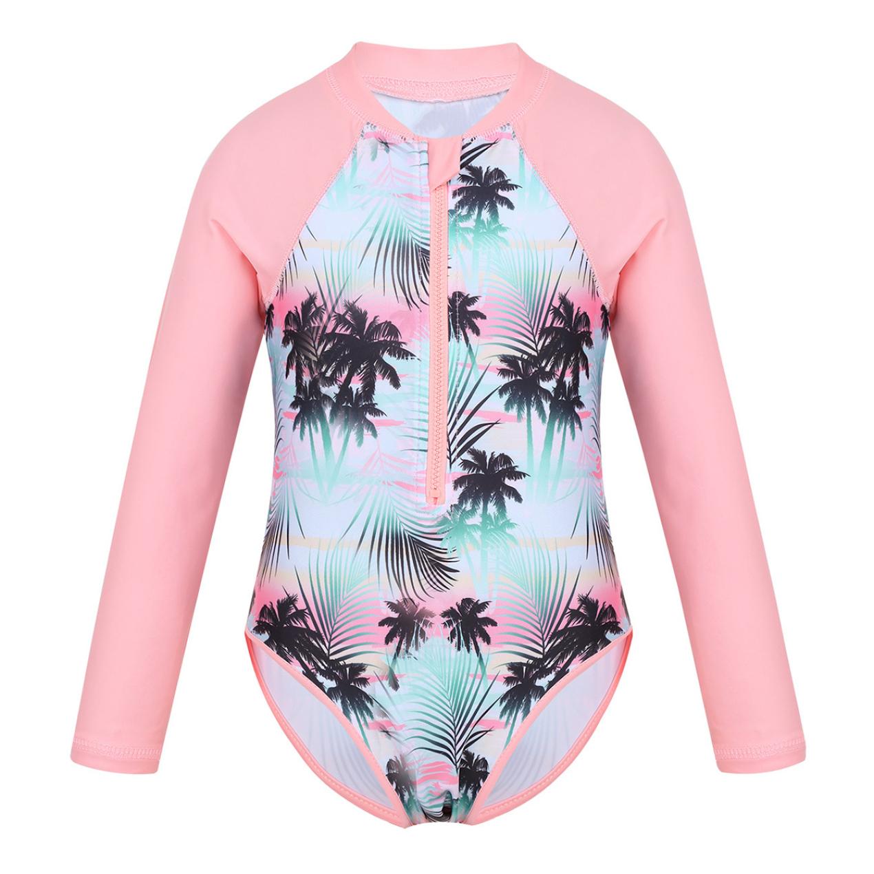 IEFiEL 2 Kinderen Meisjes Kinderen Badmode Strandkleding Lange mouwen Palm Gedrukt Badpak met Ritssluiting Kinderen Zwemmen Badpak Rash Guard 10-12Years roze