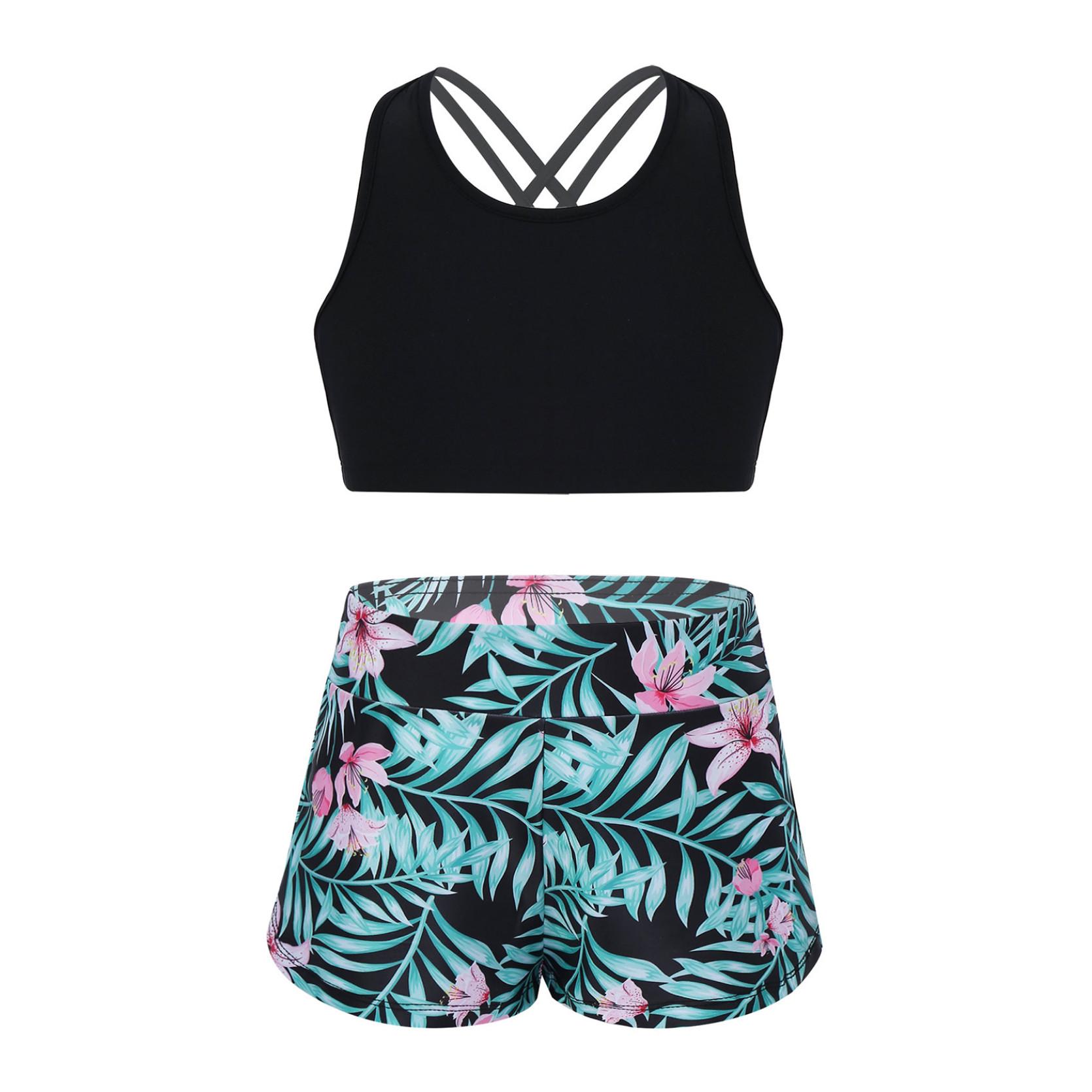 IEFiEL Kinderen meisjes bedrukte Rash Guard tankini sport crop top + zwemshort badpak strandbadkleding 11-12 Years