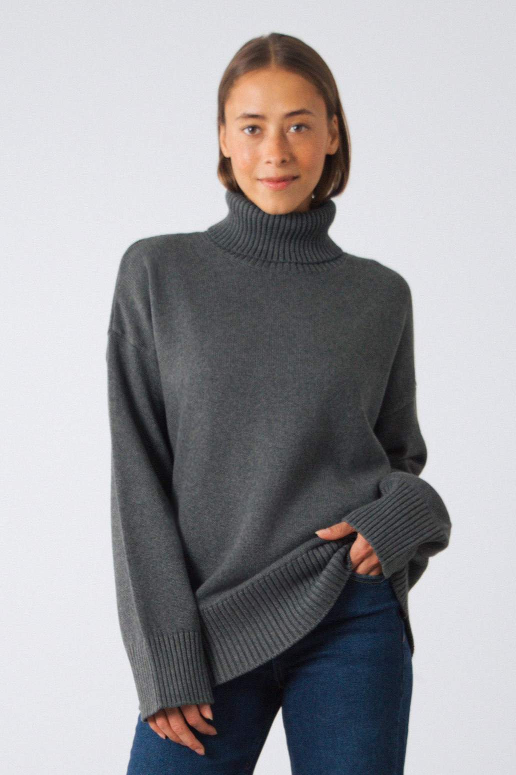 Honest Basics Damen vegan Rollkragenpullover Chunky Slate